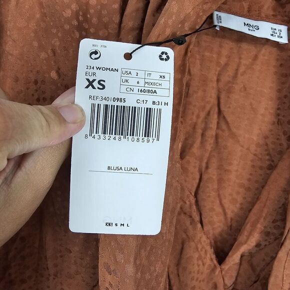 Mango Suit Blusa Luna Nwt US Women's Size 2 Rust Orange Faux Wrap Blouse - Picture 5 of 7